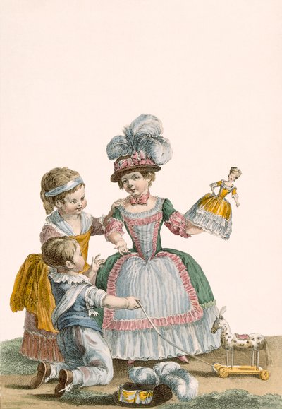 Enfants jouant, gravé par Patas, planche de Galeries des Modes et Costumes Français, vers 1778-87 - Pierre Thomas Le Clerc